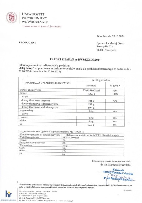 Przejdź do produktu Olej LNIANY zimnotłoczony 500ml